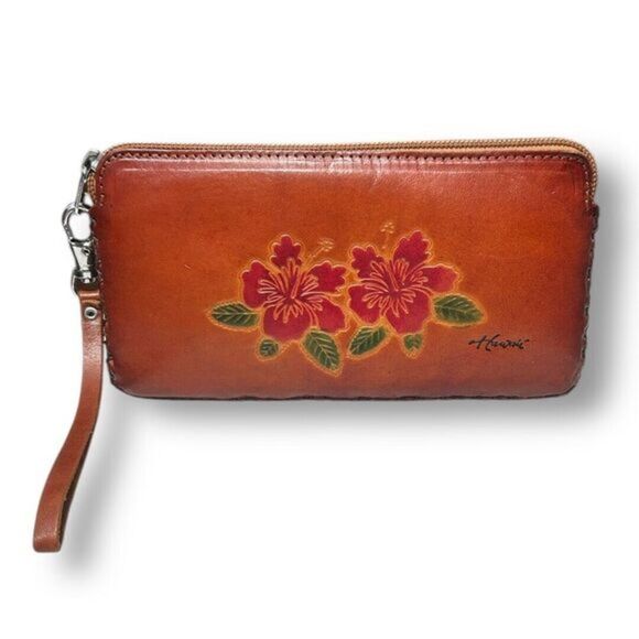 Hawaii Leather Wristlet Wallet Floral Tooled Hibiscus Boho Vintage Engraved - Picture 1 of 8